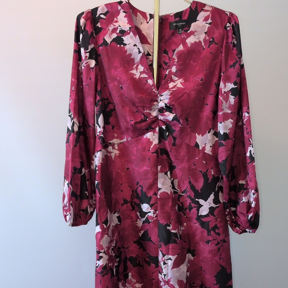 Banana Republic Midi Dress Womens 10 Burgundy Floral V-Neck Ruching Long Sleeve